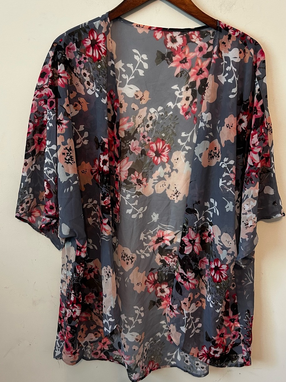 Floral Chiffon Kimono Cardigan Open‎ Front Sheer Gray XL Layering Cover Up Boho